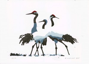 Japanese crane linocut A5